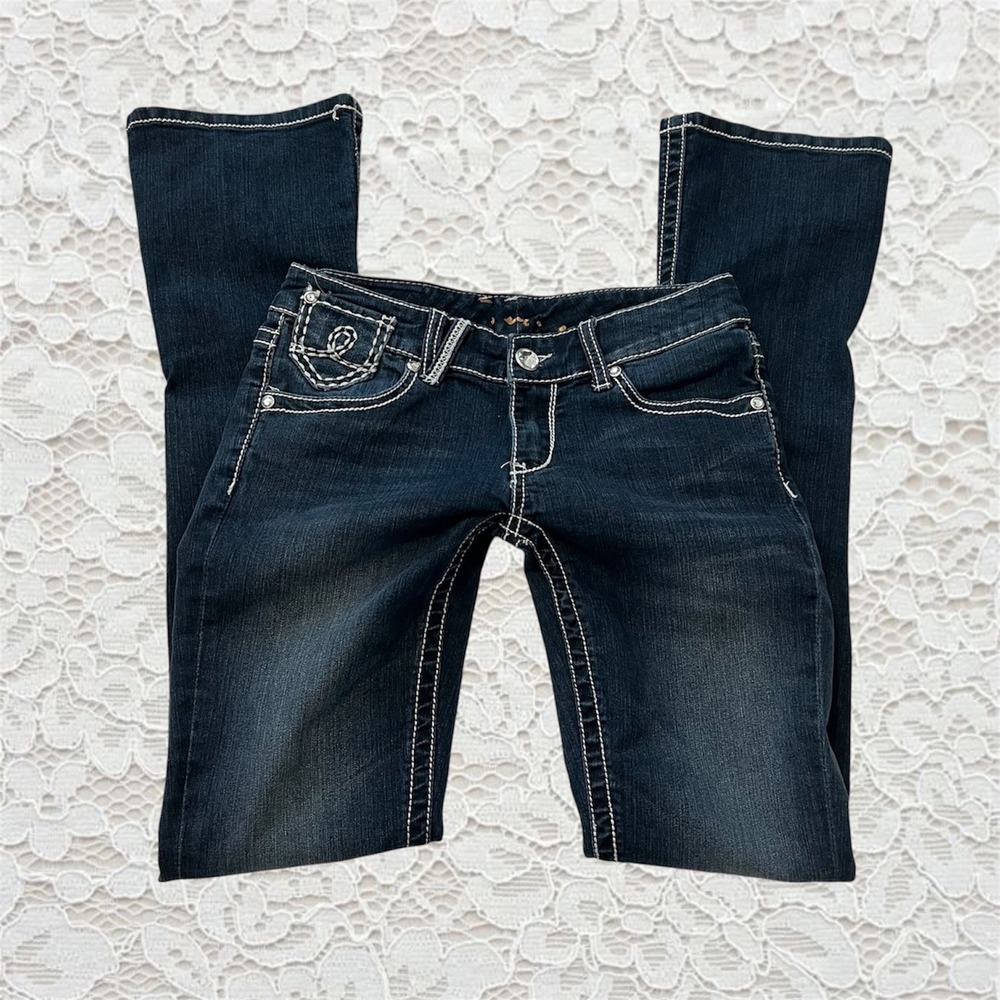 vintage low rise contrast stitch dark wash bootcut‎ jeans